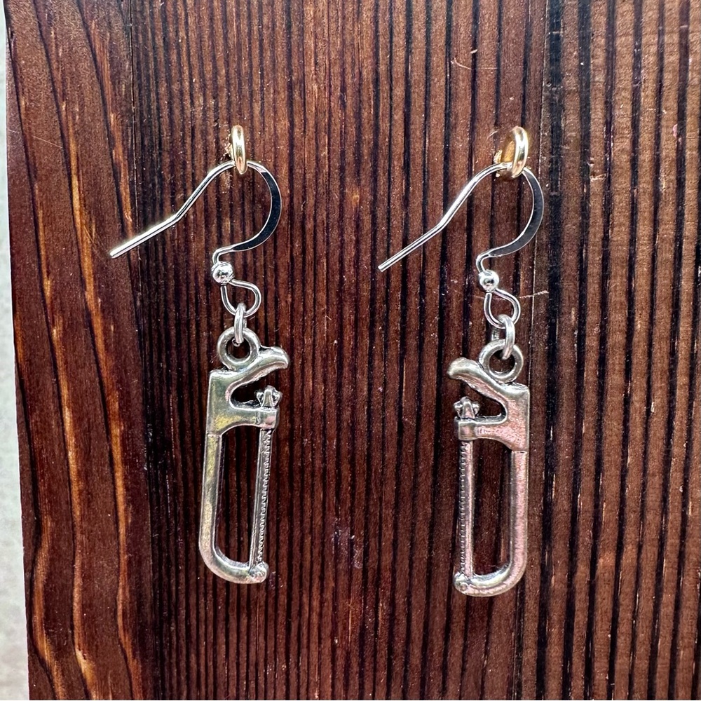 Unique Silver Tone Wrench Dangle Earrings - Picture 2 of 5